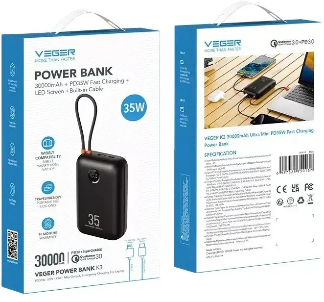 Powerbank Veger K3 (W3018) PD QC3.0 35W 30000 mAh with built-in Type C cables / Lightning juodas