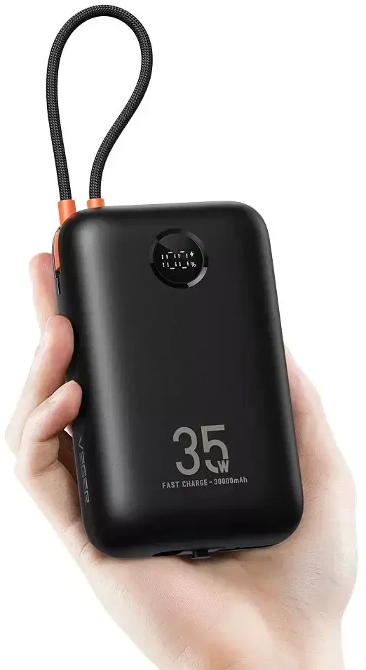 Powerbank Veger K3 (W3018) PD QC3.0 35W 30000 mAh with built-in Type C cables / Lightning juodas