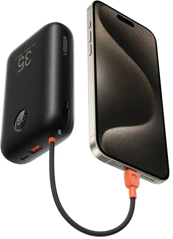 Powerbank Veger K3 (W3018) PD QC3.0 35W 30000 mAh with built-in Type C cables / Lightning juodas
