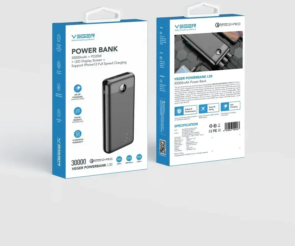 Išorinė baterija POWER BANK VEGER (W3008PD) 30000mAh (3xUSB; 1xType-C; QC3.0 20W) juoda