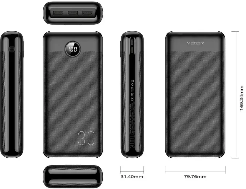 Išorinė baterija POWER BANK VEGER (W3008PD) 30000mAh (3xUSB; 1xType-C; QC3.0 20W) juoda