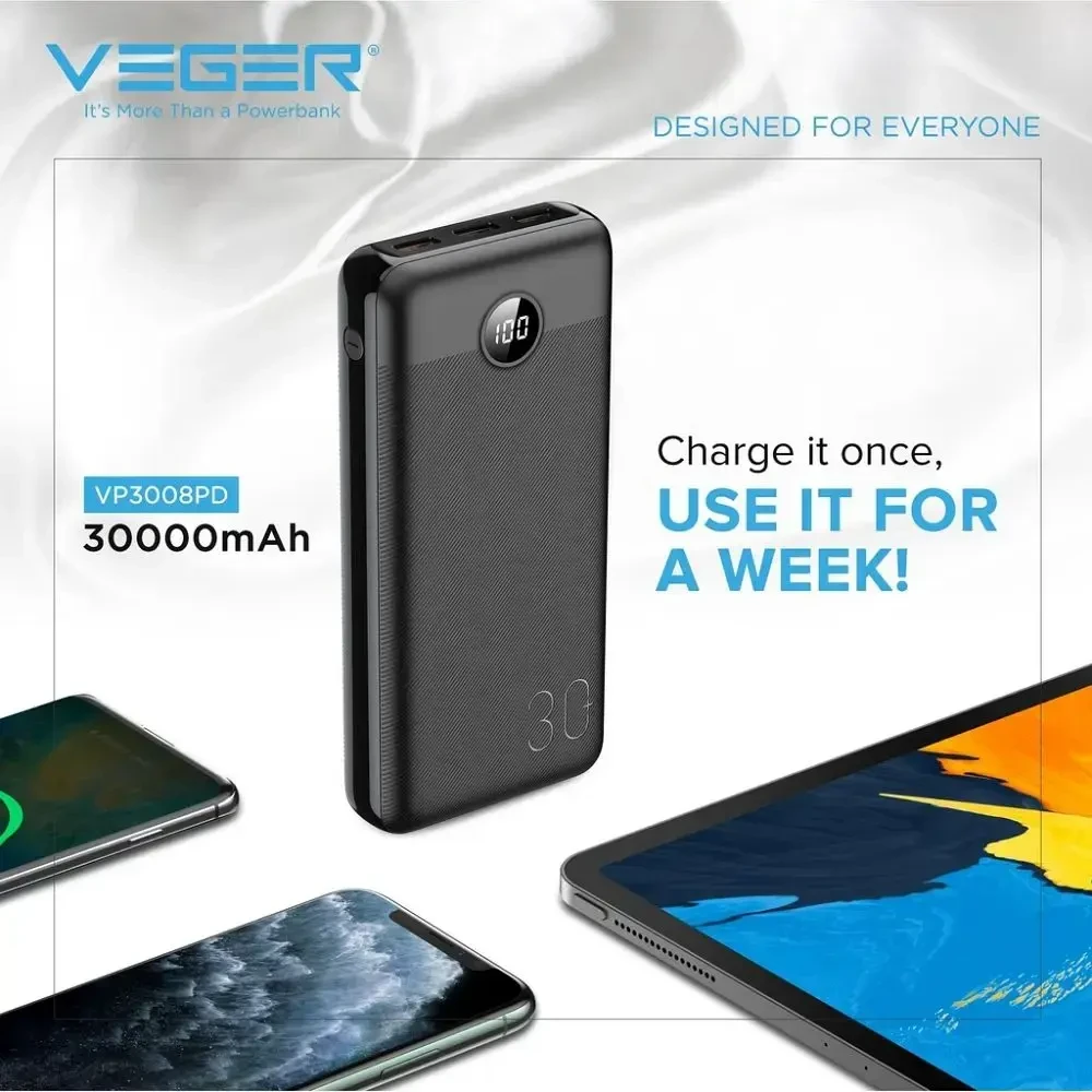 Išorinė baterija POWER BANK VEGER (W3008PD) 30000mAh (3xUSB; 1xType-C; QC3.0 20W) juoda