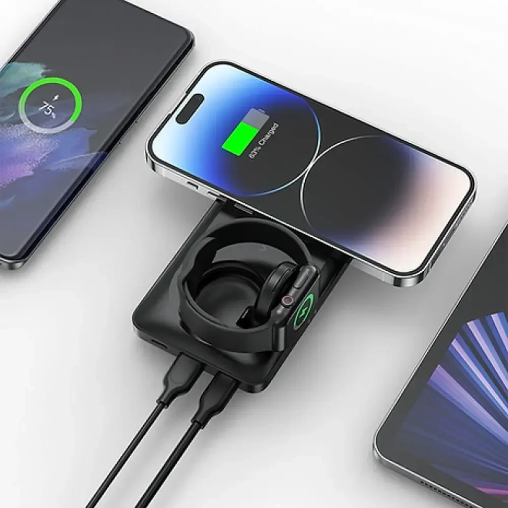 Nešiojamoji baterija, suderinama su „Magsafe Veger MagMulti“ (W1156) PD QC3.0 3A 22,5W 10000 mAh, su belaidžiu įkrovimu, juoda