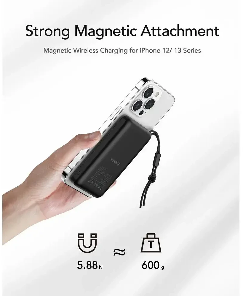 Nešiojamoji baterija, suderinama su „MagSafe Veger MagOn“ (VP1151 / W1151) PD QC3.0 2A 20W 10000 mAh, su belaidžiu įkrovimu, juoda