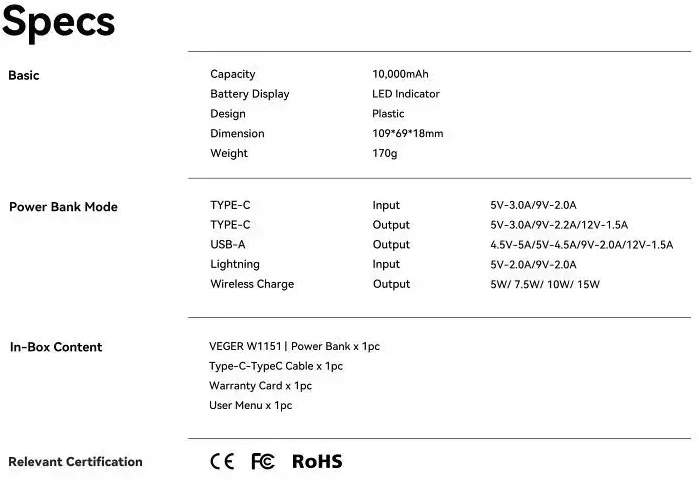 Išorinė baterija POWER BANK VEGER (VP1151) 10000mAh su belaidžiu įkrovikliu (Magsafe 15W) balta