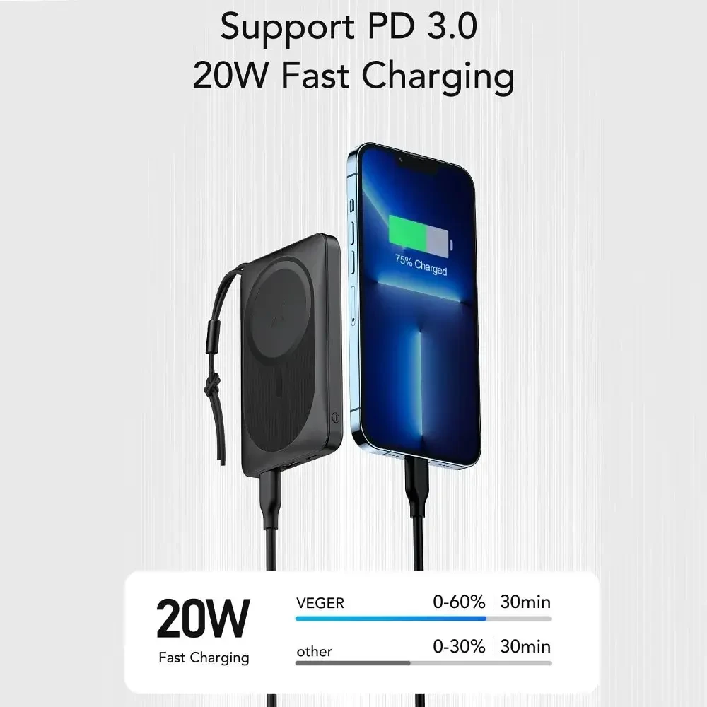 Išorinė baterija POWER BANK VEGER (VP1151) 10000mAh su belaidžiu įkrovikliu (Magsafe 15W) balta