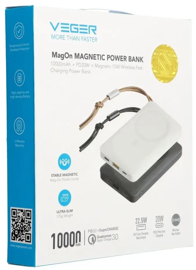 Išorinė baterija POWER BANK VEGER (VP1151) 10000mAh su belaidžiu įkrovikliu (Magsafe 15W) balta