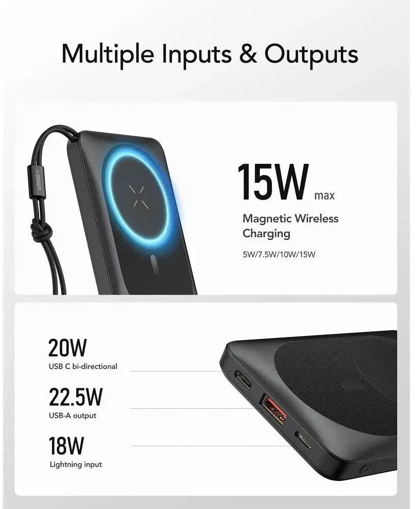 Nešiojamoji baterija, suderinama su „MagSafe Veger MagOn“ (VP1151 / W1151) PD QC3.0 2A 20W 10000 mAh, su belaidžiu įkrovimu, juoda