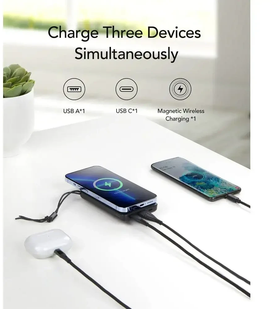 Nešiojamoji baterija, suderinama su „MagSafe Veger MagOn“ (VP1151 / W1151) PD QC3.0 2A 20W 10000 mAh, su belaidžiu įkrovimu, juoda