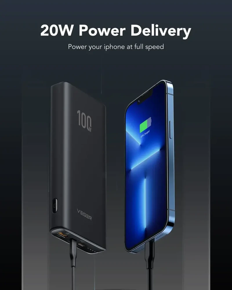 Powerbank Veger T100 (W2032C-100) PD QC3.0 5A 100W 20000 mAh juodas