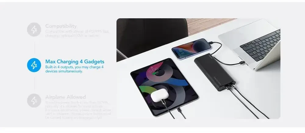 Nešiojamoji baterija Veger TCE130 (W2503) PD 130W 25000 mAh su integruotais C tipo laidais / Lightning juodas