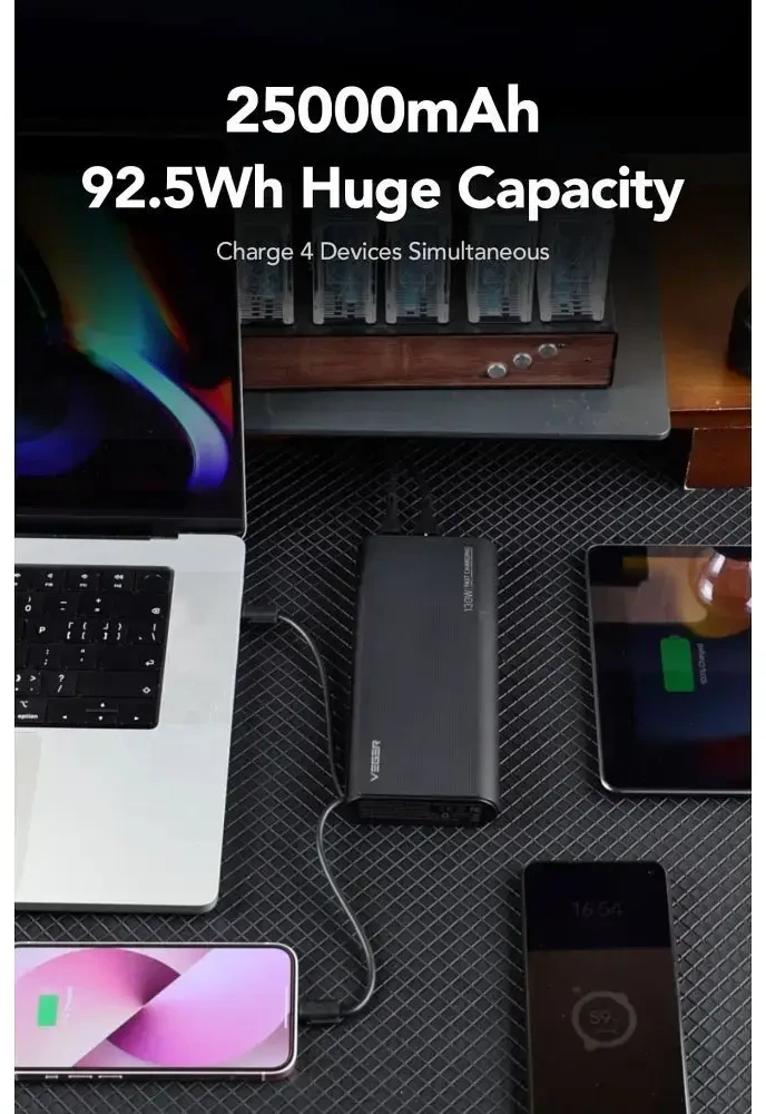 Nešiojamoji baterija Veger TCE130 (W2503) PD 130W 25000 mAh su integruotais C tipo laidais / Lightning juodas