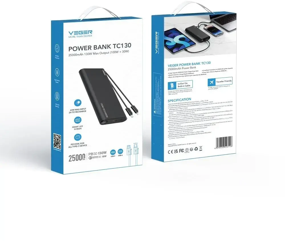 Nešiojamoji baterija Veger TCE130 (W2503) PD 130W 25000 mAh su integruotais C tipo laidais / Lightning juodas