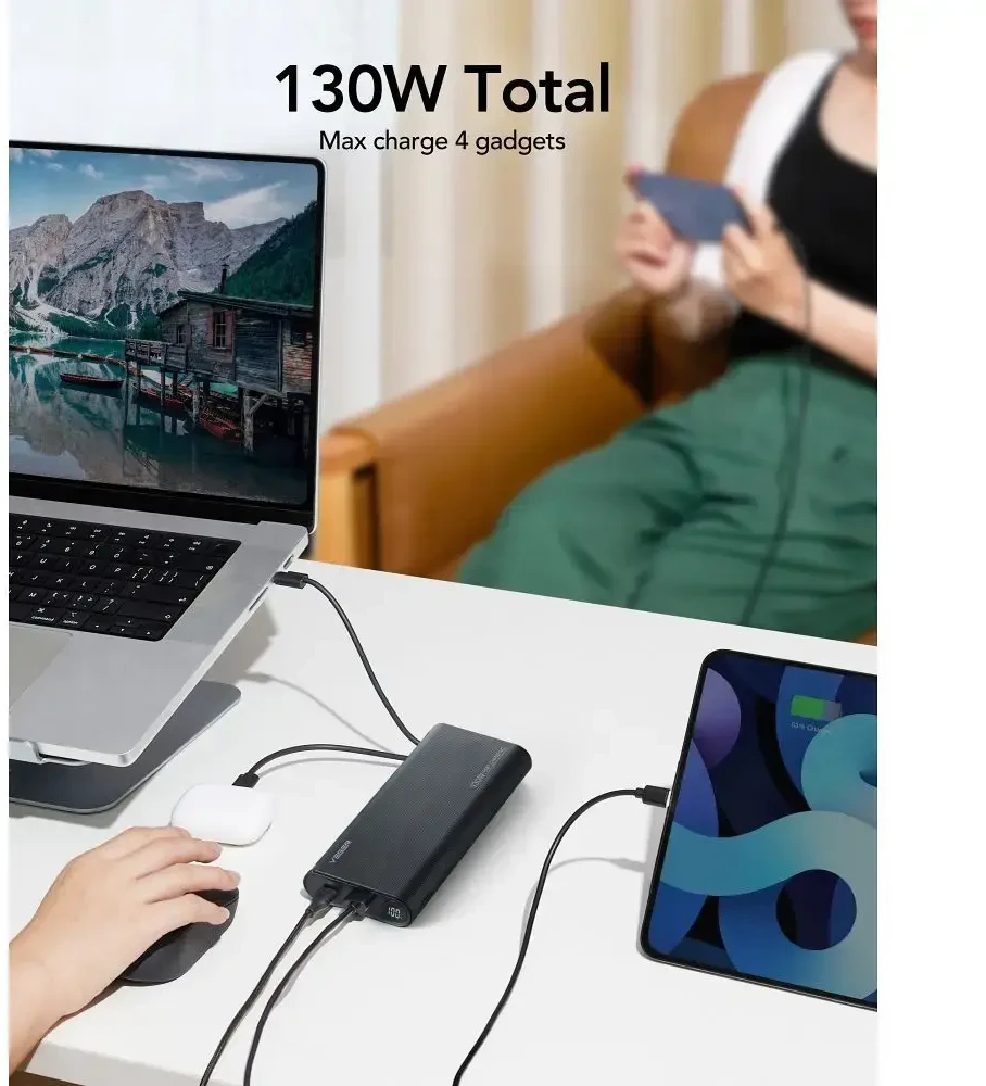 Nešiojamoji baterija Veger TCE130 (W2503) PD 130W 25000 mAh su integruotais C tipo laidais / Lightning juodas