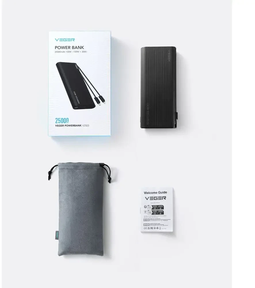 Nešiojamoji baterija Veger TCE130 (W2503) PD 130W 25000 mAh su integruotais C tipo laidais / Lightning juodas