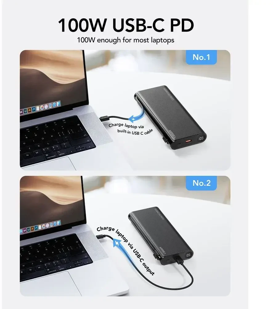 Nešiojamoji baterija Veger TCE130 (W2503) PD 130W 25000 mAh su integruotais C tipo laidais / Lightning juodas