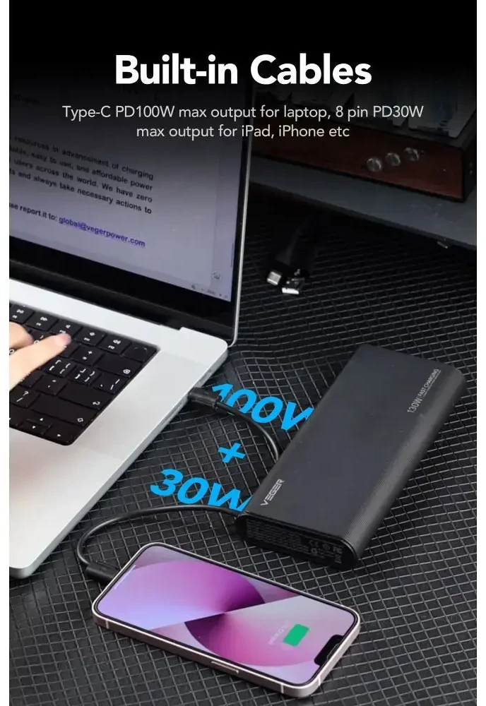 Nešiojamoji baterija Veger TCE130 (W2503) PD 130W 25000 mAh su integruotais C tipo laidais / Lightning juodas