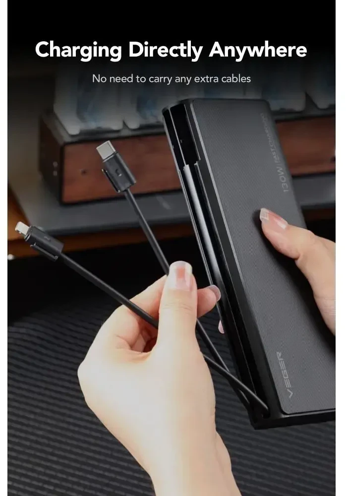 Nešiojamoji baterija Veger TCE130 (W2503) PD 130W 25000 mAh su integruotais C tipo laidais / Lightning juodas