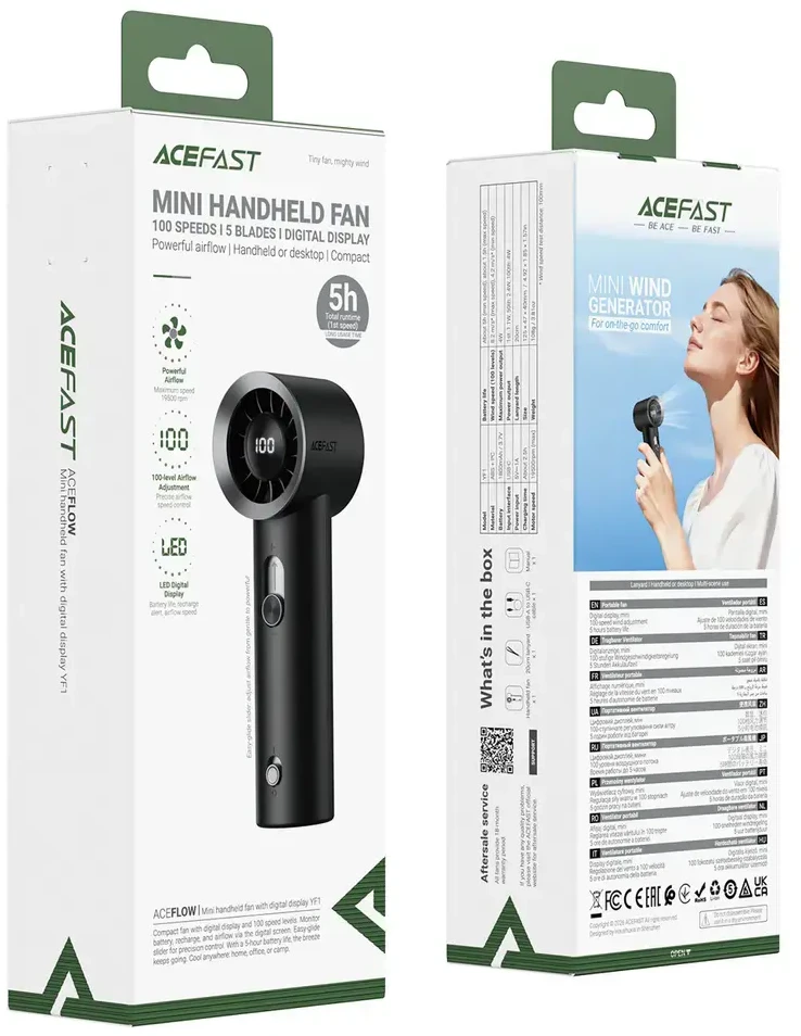 Ventiliatorius Acefast YF1 Mini Hand Fan with LED Ekranas and Free Airflow Adjustment - Juodas