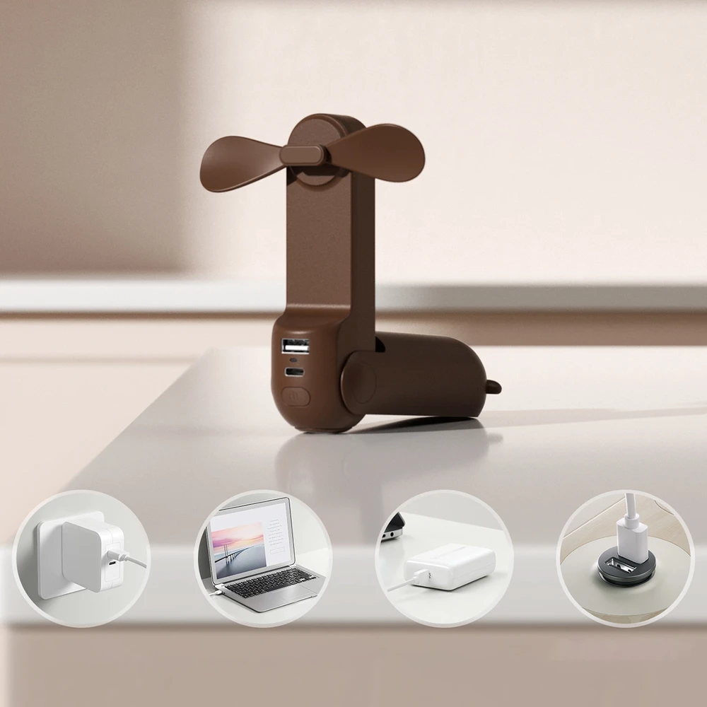 Jisulife rankinis ventiliatorius Life8 nešiojamas USB ventiliatorius su Power Bank and Flashlight – rudos spalvos