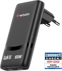 Verbatim GaN kelioninis įkroviklis „Fold ‘n’ Go“ 65W, 2×USB-C PD ES kištukas, Juodas