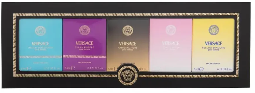 Versace Miniatures Collection EDT rinkinys moterims (EDT Geltona Diamond 5 ml + EDT Bright Crystal 5 ml + EDT Crystal Noir 5 ml + EDP Dylan Violetinė 5 ml + EDT Dylan Turquoise 5 ml)