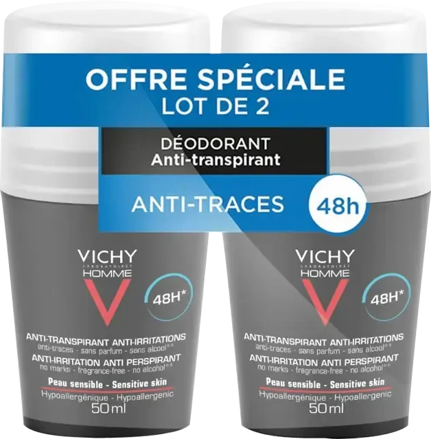 "Vichy" 48 valandų trukmės antiperspiranto rutuliukų rinkinys vyrams "Homme 48h" (antiperspirantas) 2 x 50 ml