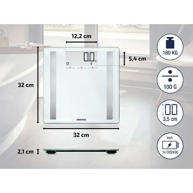 Virtuvinės svarstyklės Skaitmeninės Svarstyklės - Soehnle Shape Sense Control 200, 180kg Talpa, Kūno Kompozicija, Balta