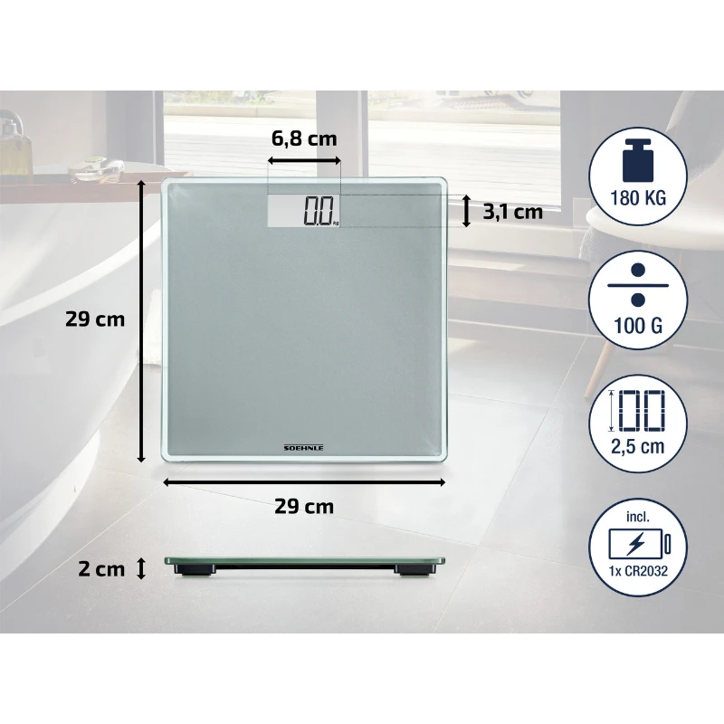 Leifheit Asmeninės Svarstyklės - Soehnle Style Sense Compact 300, 180kg Talpa, LCD Ekranas, Sidabrinė