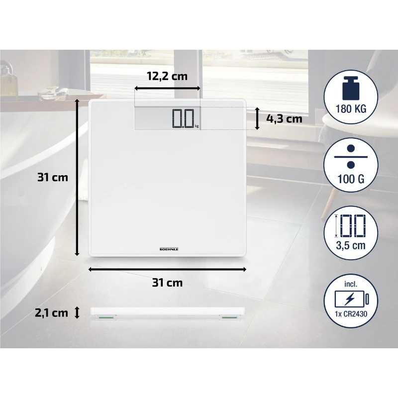 Skaitmeninės Svarstyklės - Soehnle Style Sense Safe 100, 180kg Talpa, LCD Ekranas, Baltos