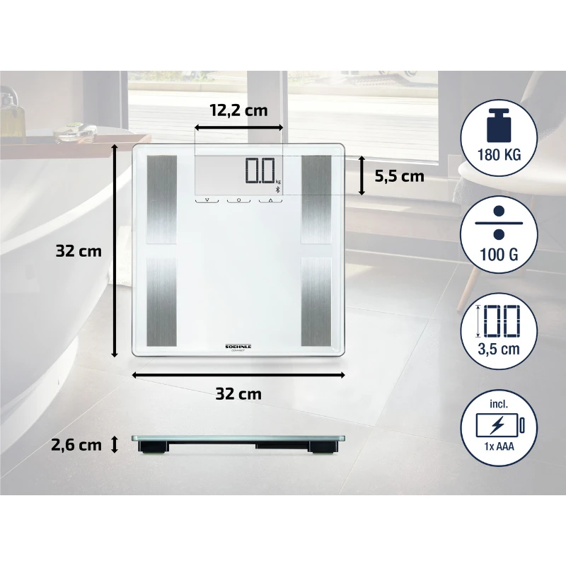 Leifheit Skaitmeninės Svarstyklės - Soehnle Shape Sense Connect 100, 180 kg talpa, Bluetooth, baltos