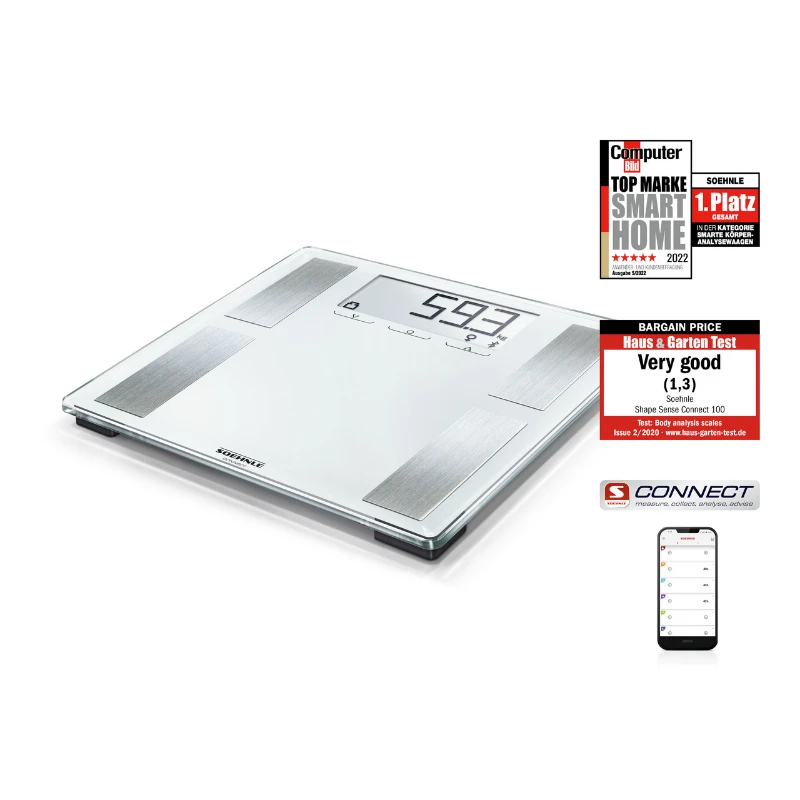 Leifheit Skaitmeninės Svarstyklės - Soehnle Shape Sense Connect 100, 180 kg talpa, Bluetooth, baltos