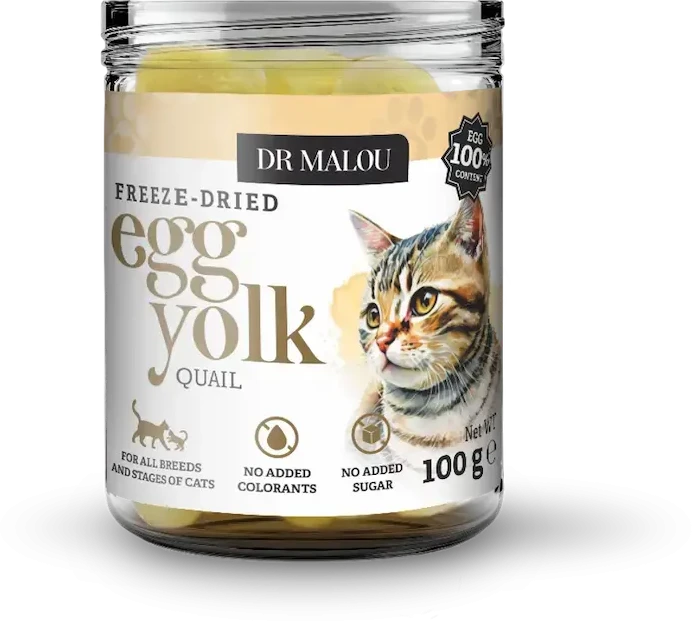 Vitaminais praturtintas papildomas maistas – DR Malou, liofilizuotas putpelių kiaušinių trynys katėms ir šunims, 100 g