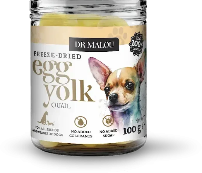 Vitaminais praturtintas papildomas maistas – DR Malou, liofilizuotas putpelių kiaušinių trynys katėms ir šunims, 100 g