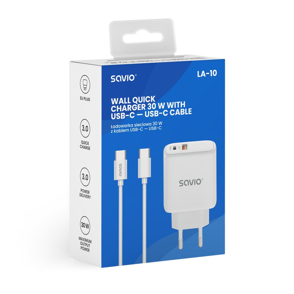 Savio Įkroviklis jungiama į tinklą LA-10 30W Quick Charge Power Delivery 3.0 Balta + Kabelis