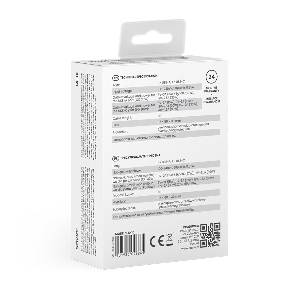Savio Įkroviklis jungiama į tinklą LA-10 30W Quick Charge Power Delivery 3.0 Balta + Kabelis