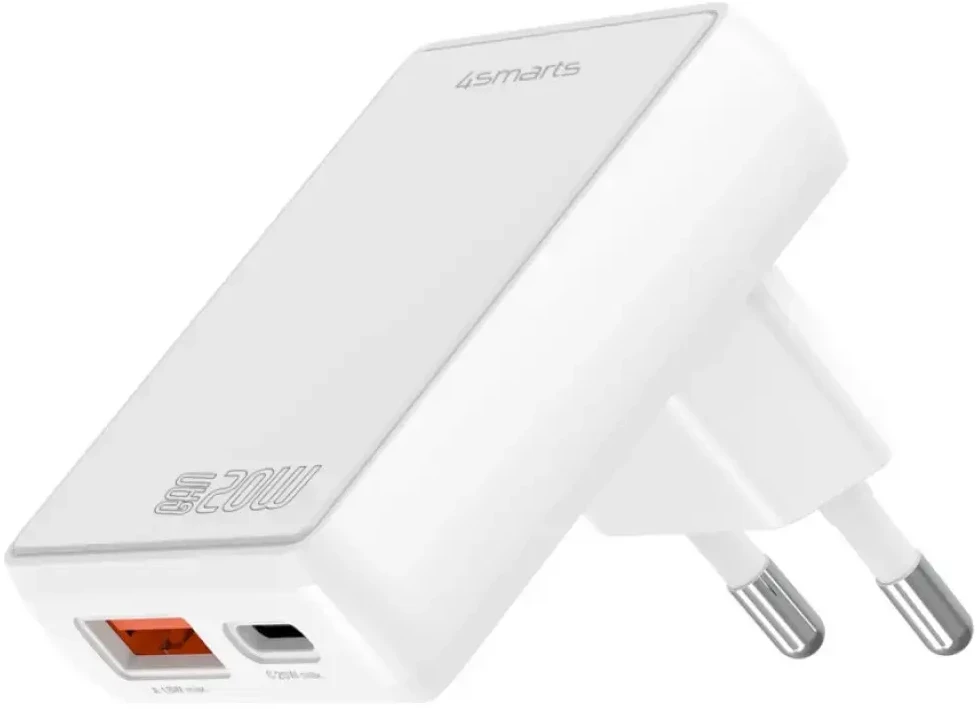 Laidinis įkroviklis 4smarts FlatPlug Duos 20W GaN USB-C + USB-A baltos spalvos