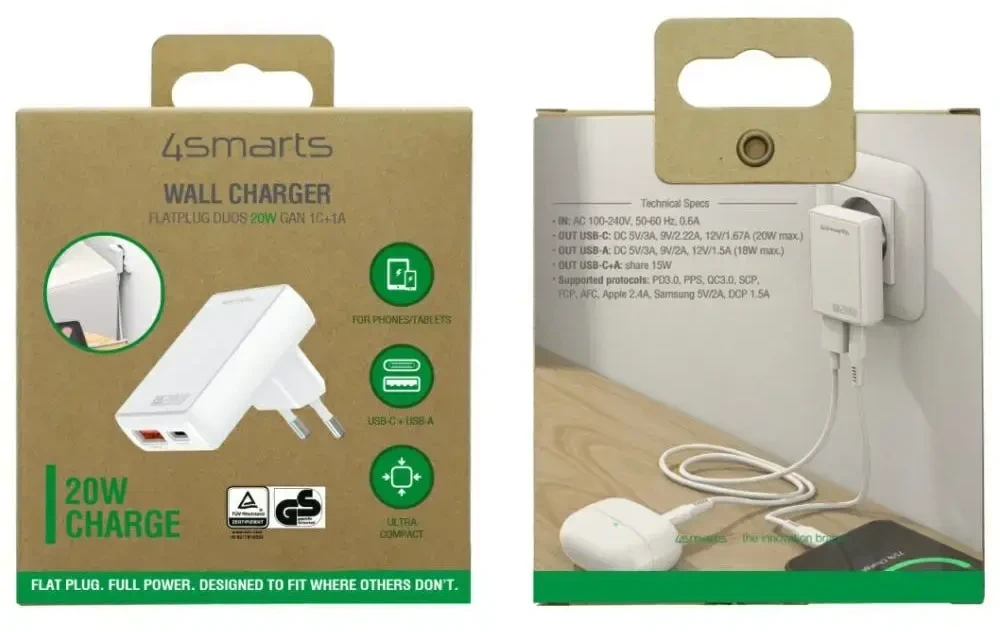 Laidinis įkroviklis 4smarts FlatPlug Duos 20W GaN USB-C + USB-A baltos spalvos
