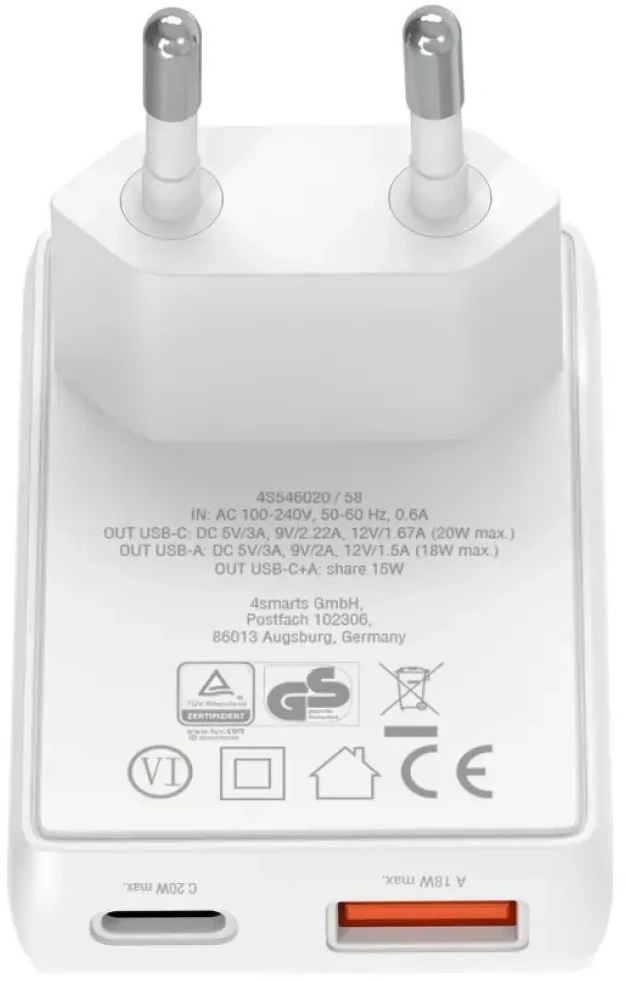 Laidinis įkroviklis 4smarts FlatPlug Duos 20W GaN USB-C + USB-A baltos spalvos