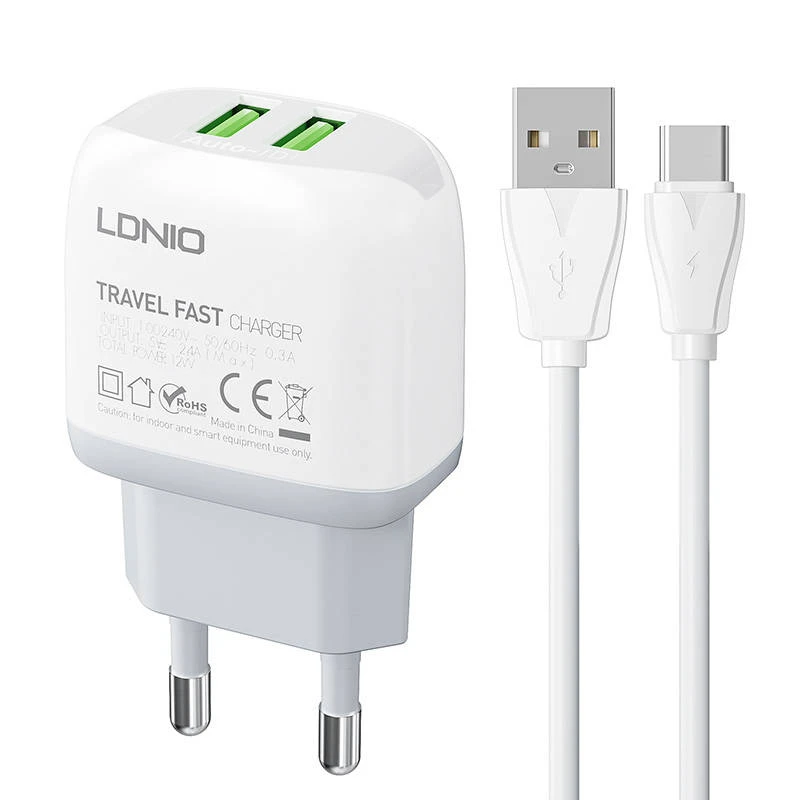 Sieninis įkroviklis LDNIO A2219 2USB + USB-C laidas