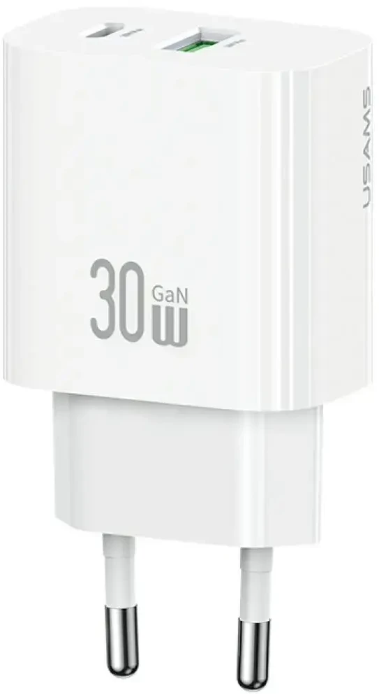 Laidinis įkroviklis USAMS CC316 T65 30W 1xUSB-C 1xUSB-A Fast Charging baltos spalvos