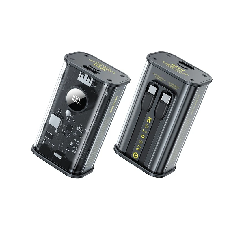 „WEKOME WP-345 Vanguard“ serijos – 10000 mAh įkroviklis su greitu įkrovimu, integruotu USB-C ir „Lightning PD 20W“ laidu + QC 22,5 W juodos spalvos