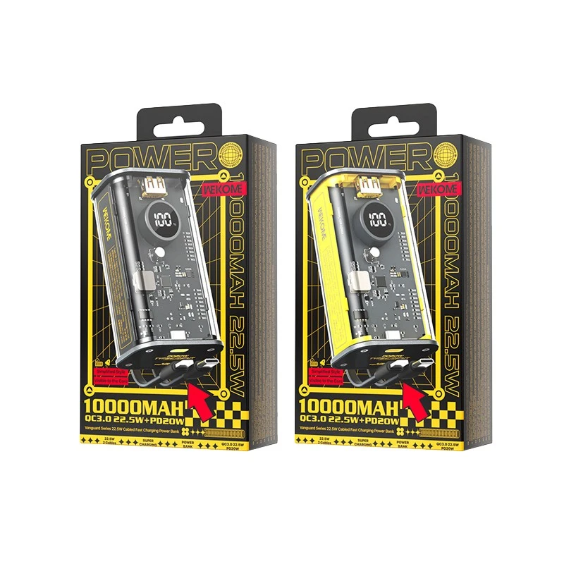 „WEKOME WP-345 Vanguard“ serijos – 10000 mAh įkroviklis su greitu įkrovimu, integruotu USB-C ir „Lightning PD 20W“ laidu + QC 22,5 W juodos spalvos