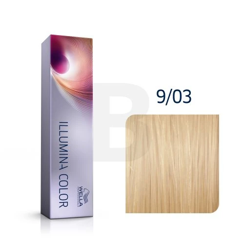 Wella Illumina Color 9/03 plaukų dažų pakuotė su spalvos pavyzdžiu
