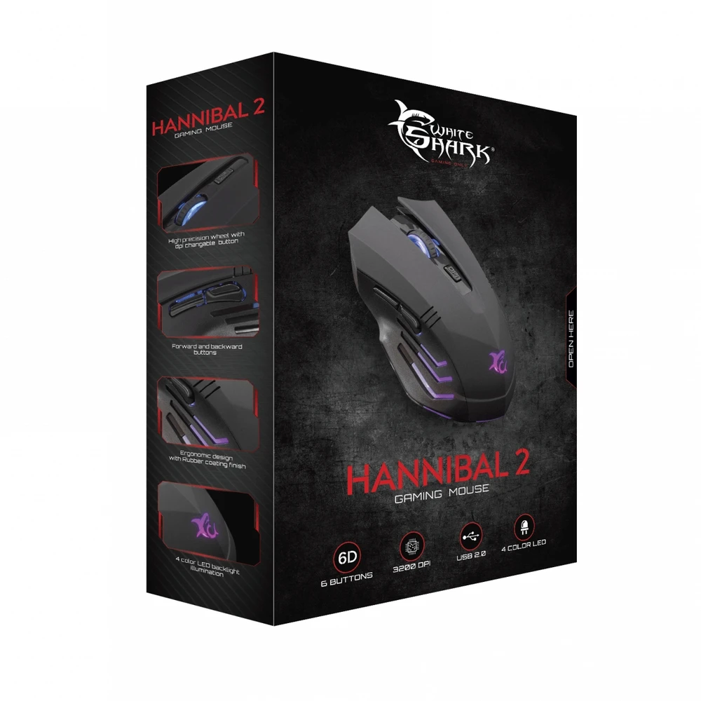 Žaidimų pelė White Shark Hannibal 2, su pašvietimu, 6 mygtukai, Juoda
