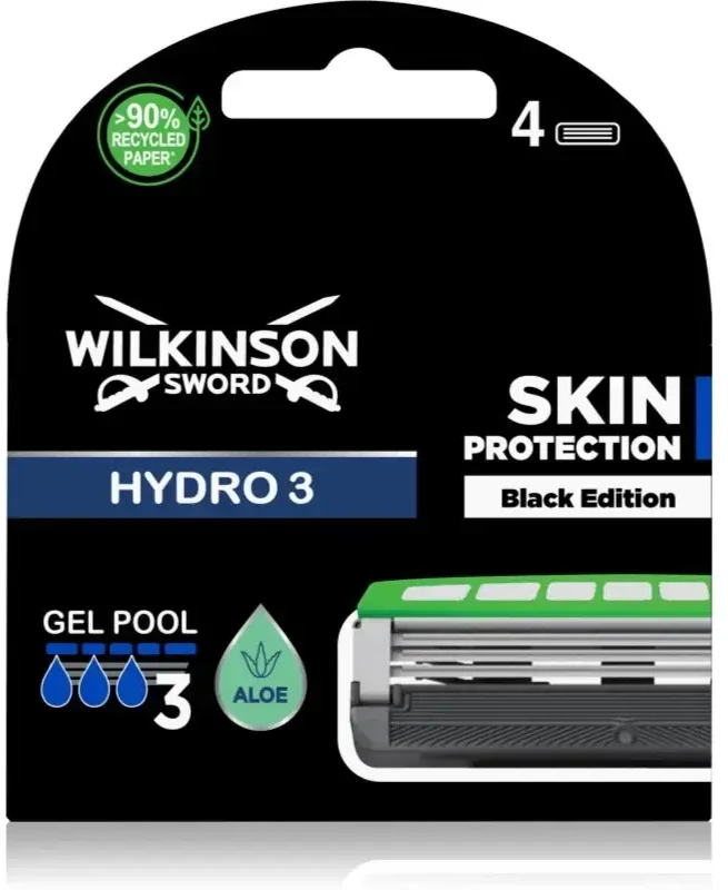 Wilkinson Sword Hydro 3 Juodas Edition keičiamos galvutės 4 vnt