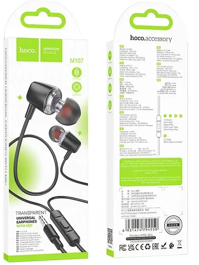 HOCO laidinės ausinės Jack 3,5 mm su mikrofonu M107 juodos spalvos