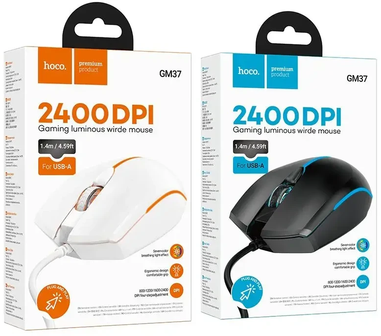 Wire pelė žaidimams Hoco USB A 2400 dpi GM37 baltas