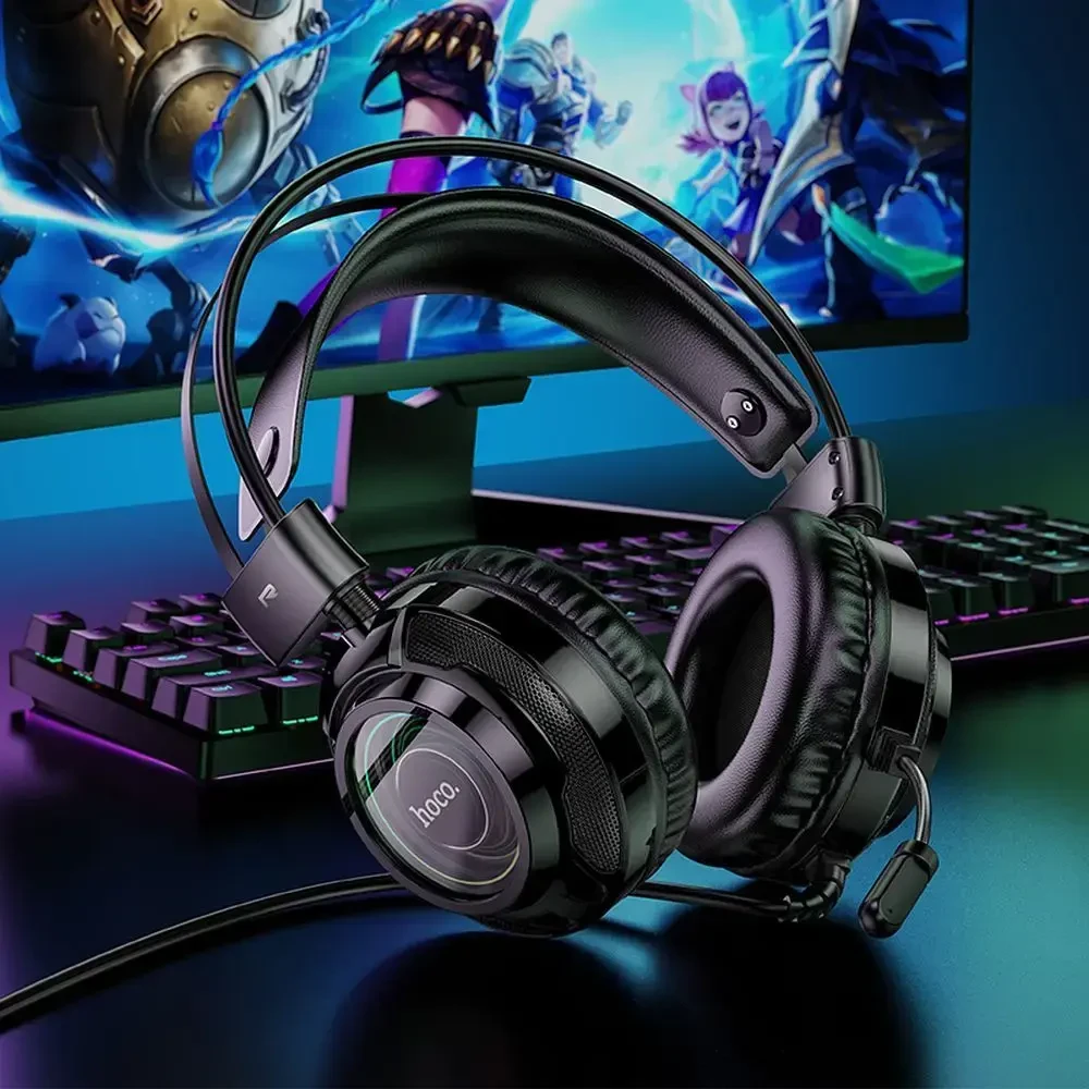 Wire ausinės USB A + Jack 3,5 mm Hoco žaidimams 2 m W110 juodas