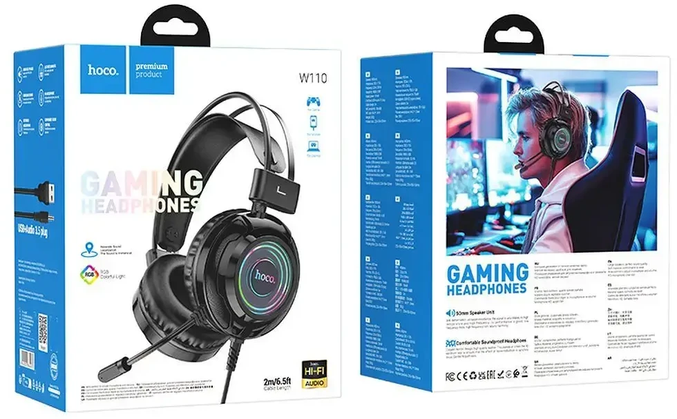 Wire ausinės USB A + Jack 3,5 mm Hoco žaidimams 2 m W110 juodas